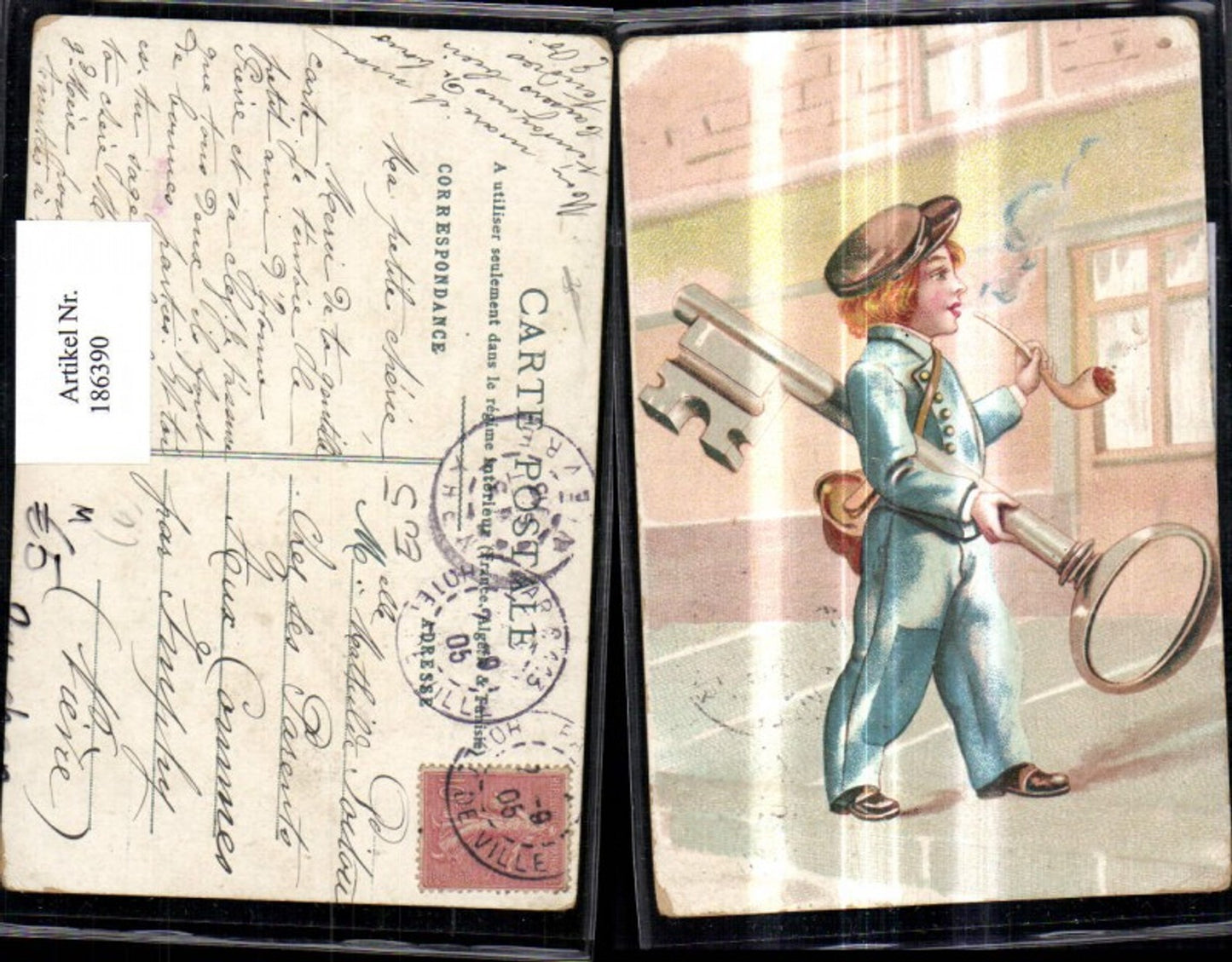 186390, Child boy with giant key, key, whistle