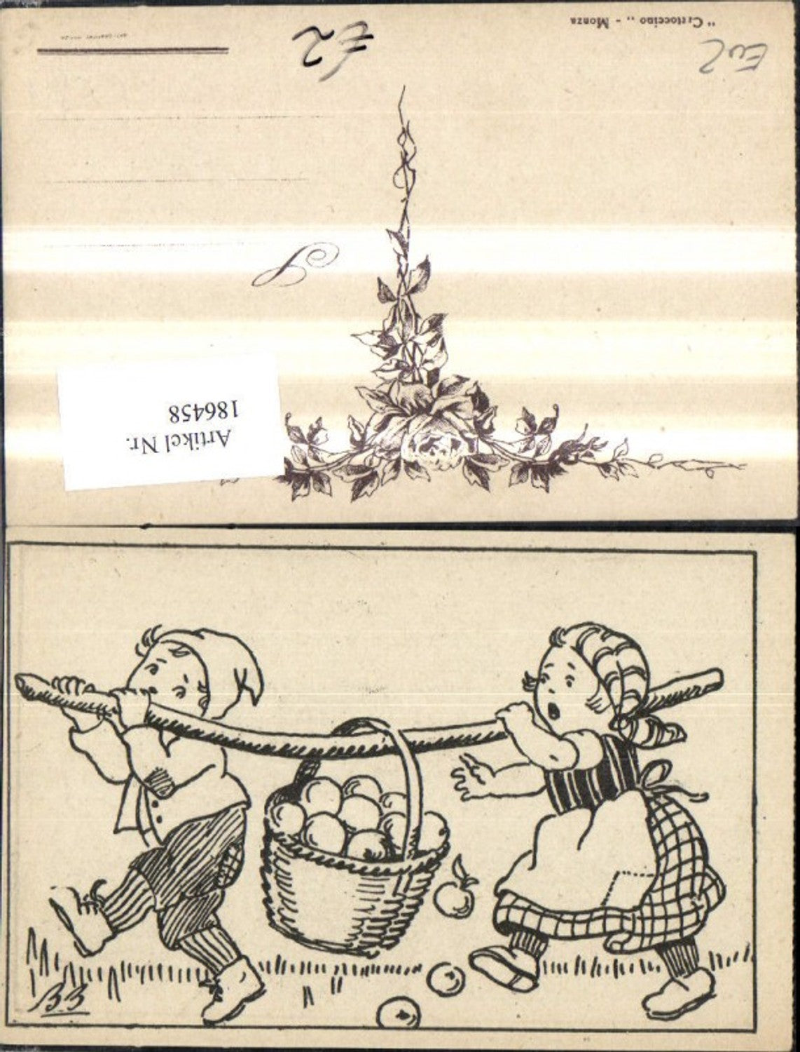186458, Child Children carrying apple basket pencil drawing