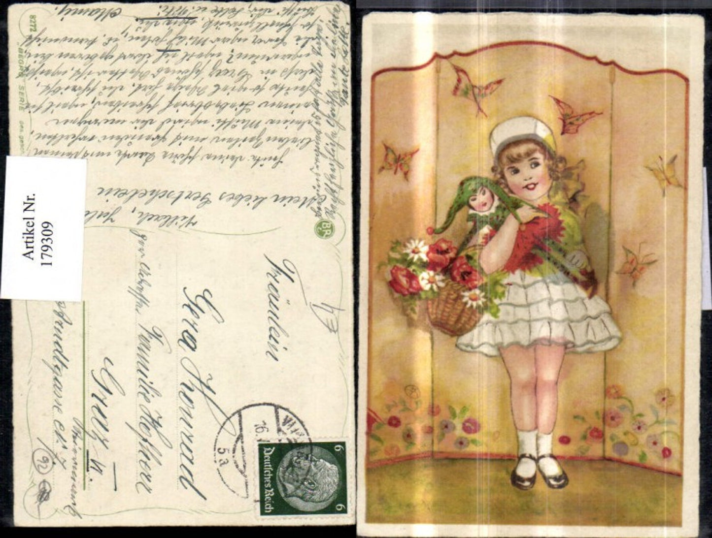 179309, Children, girl with flower basket, doll, Punch