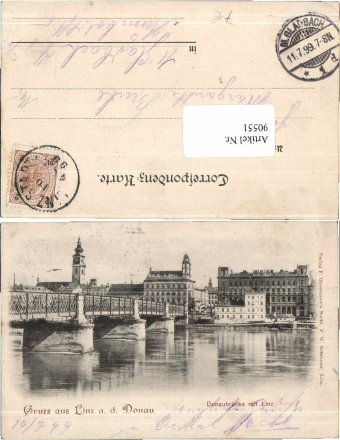 90551, Linz on the Danube, Urfahr Danube Bridge, 1899