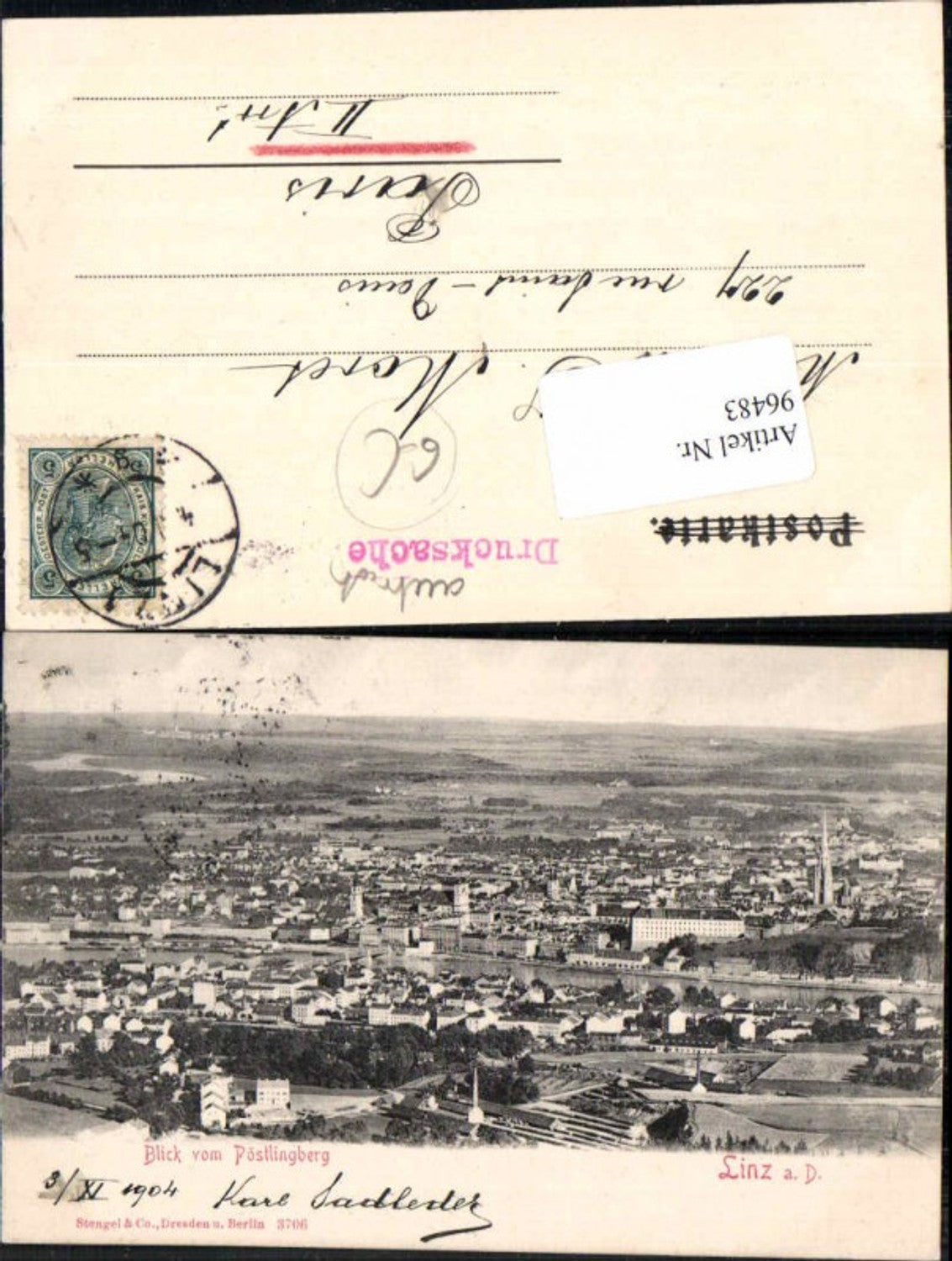 96483, Linz on the Danube, view of Pöstlingberg, 1900 Stengel