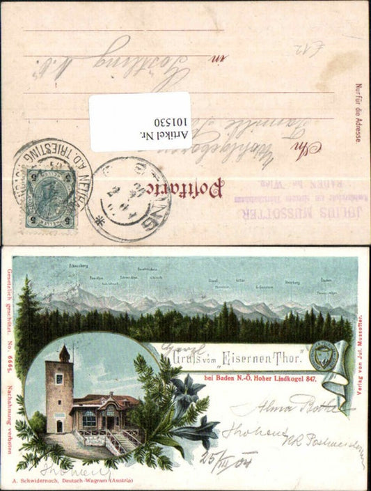 101530, Lithograph Greetings from the Iron Gate near Baden Lindkogel observation tower 