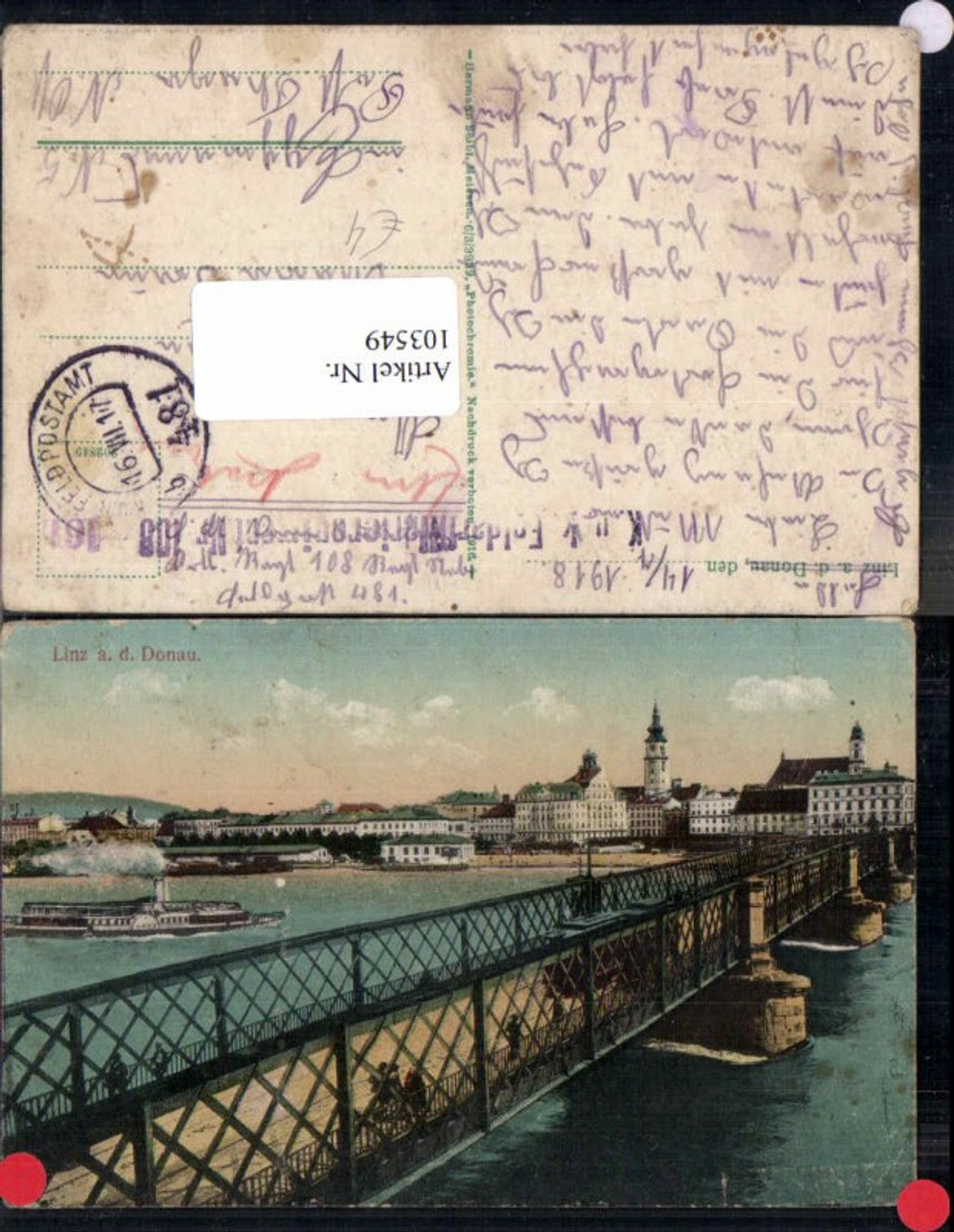 103549, Linz on the Danube with steamer HEBE Bridge Urfahr Field Post