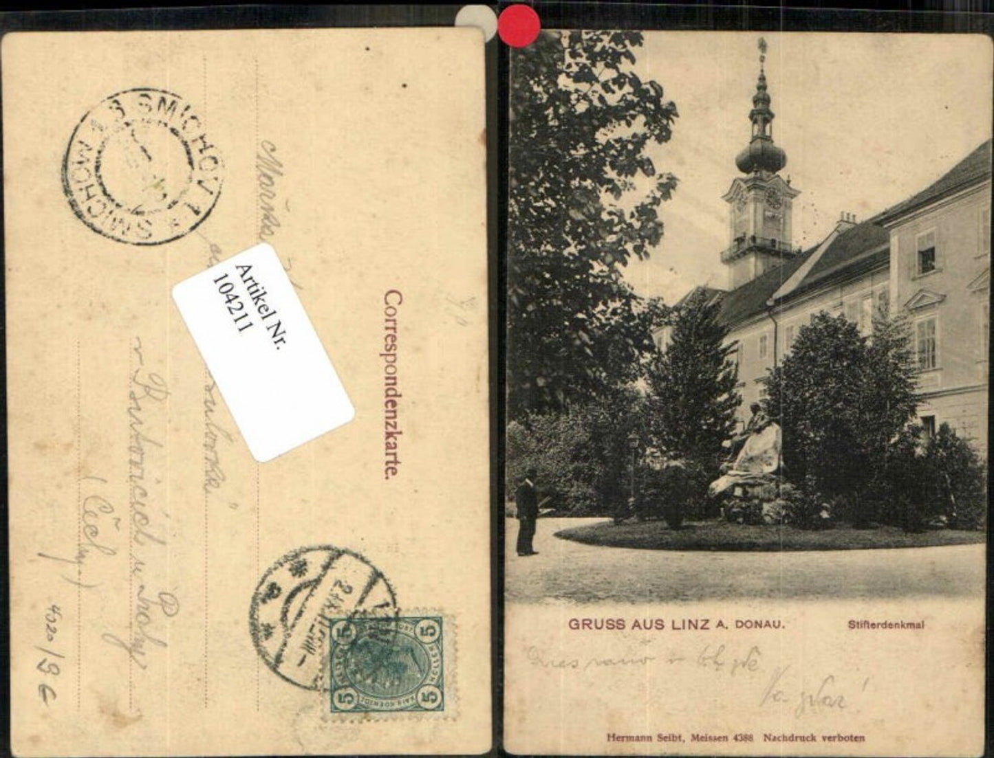 104211, Greetings from Linz on the Danube, Stifter Monument 1905