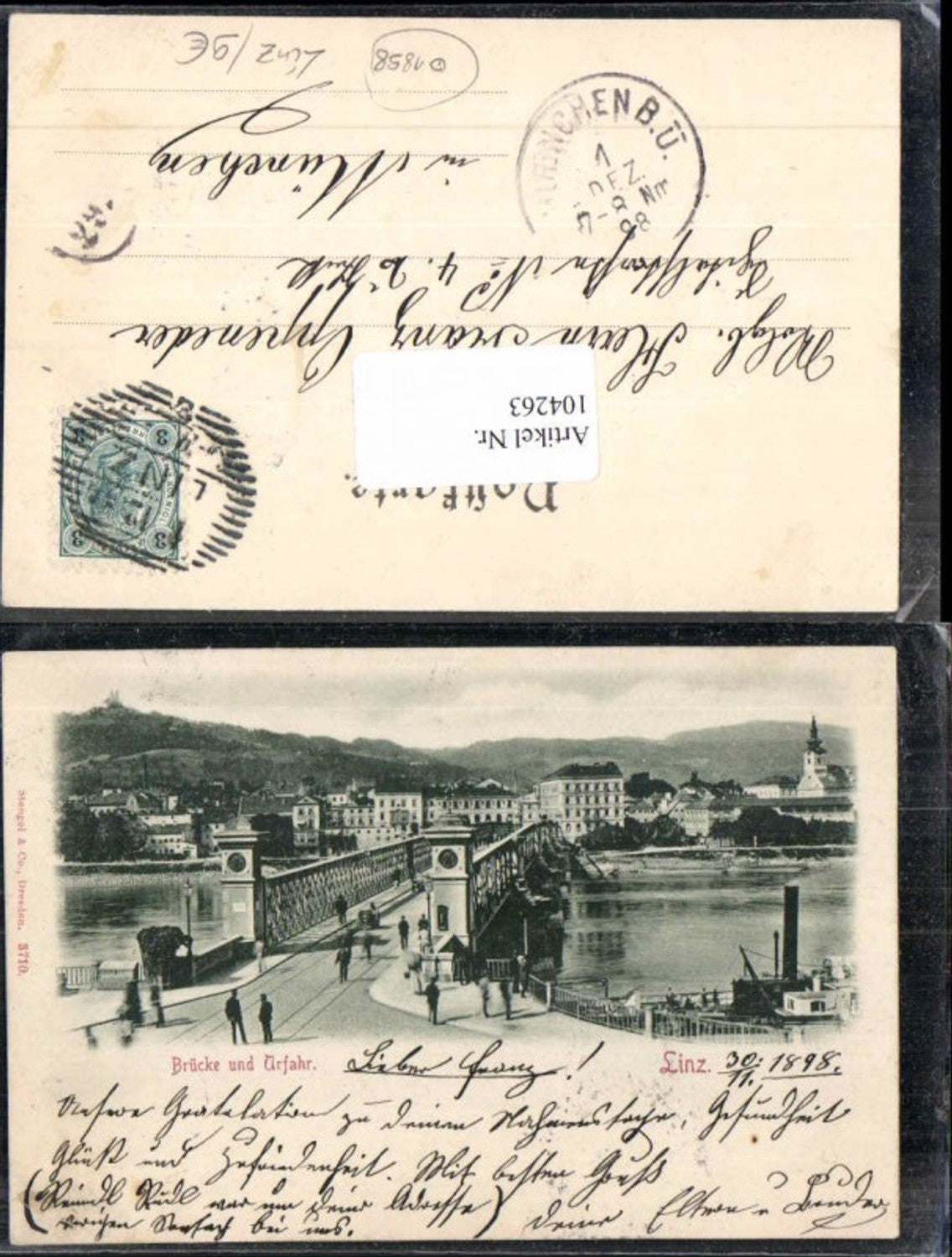 104263, Linz on the Danube Bridge with Urfahr 1898