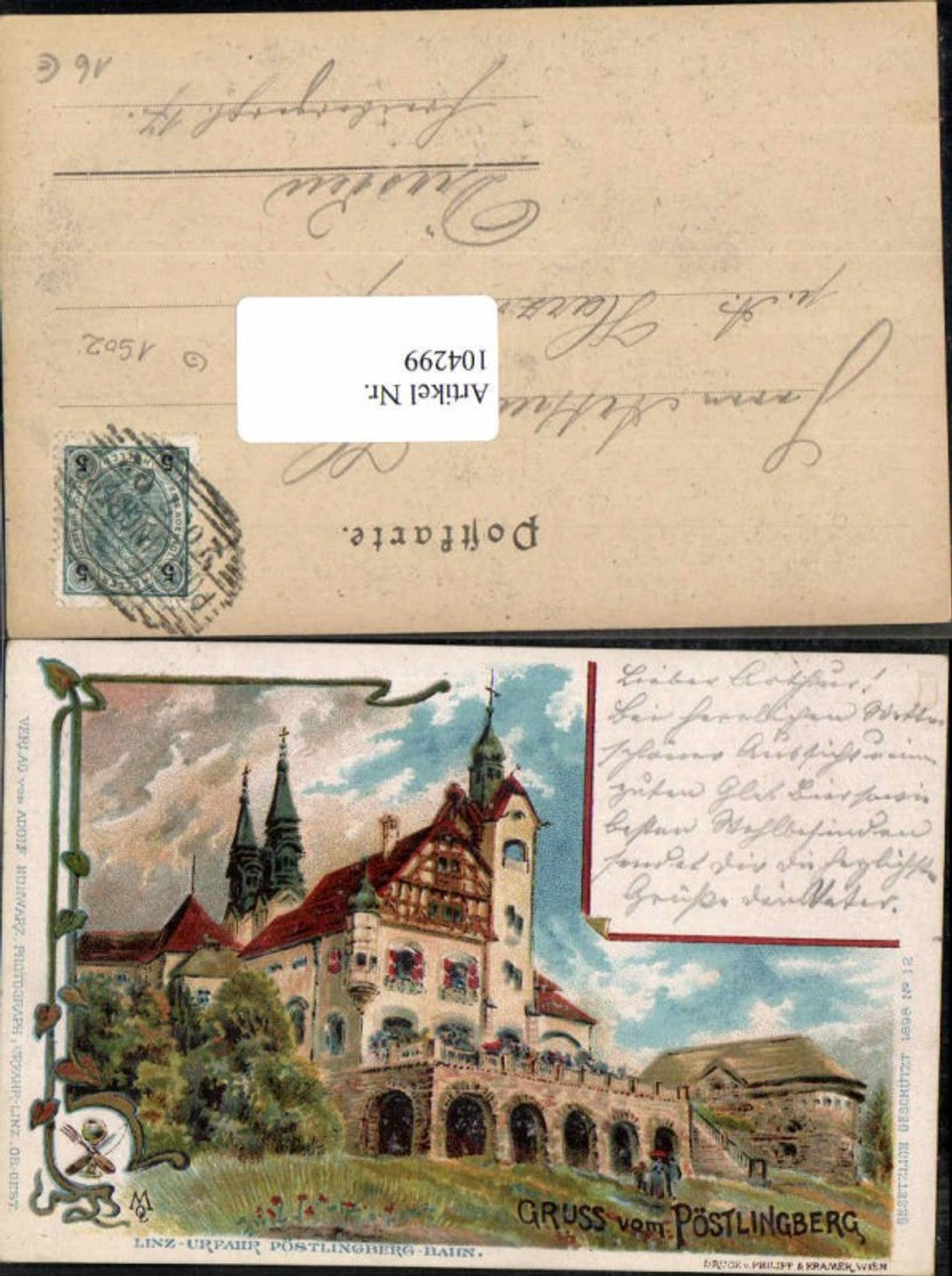 104299, Lithograph Greetings from Pöstlingberg Linz on the Danube Philipp Kramer