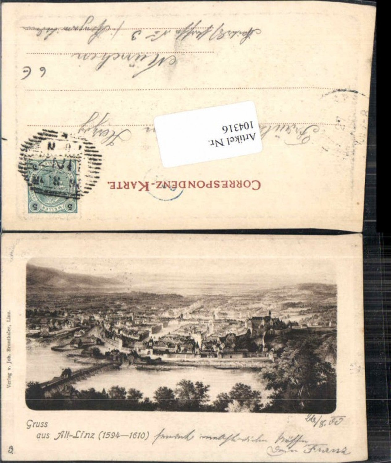 104316, Greetings from Old Linz on the Danube 1610 embossing postcard