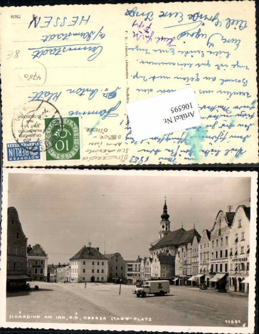 106595, Great photo postcard Schärding am Inn Upper Town Square Truck Pharmacy