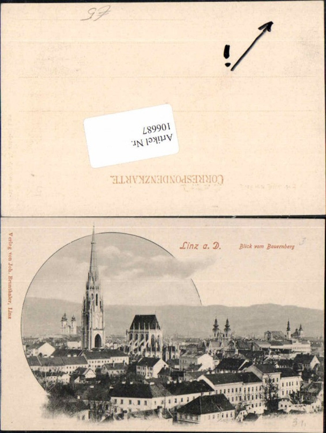 106687, Linz on the Danube, view from Bauernberg, houses, church