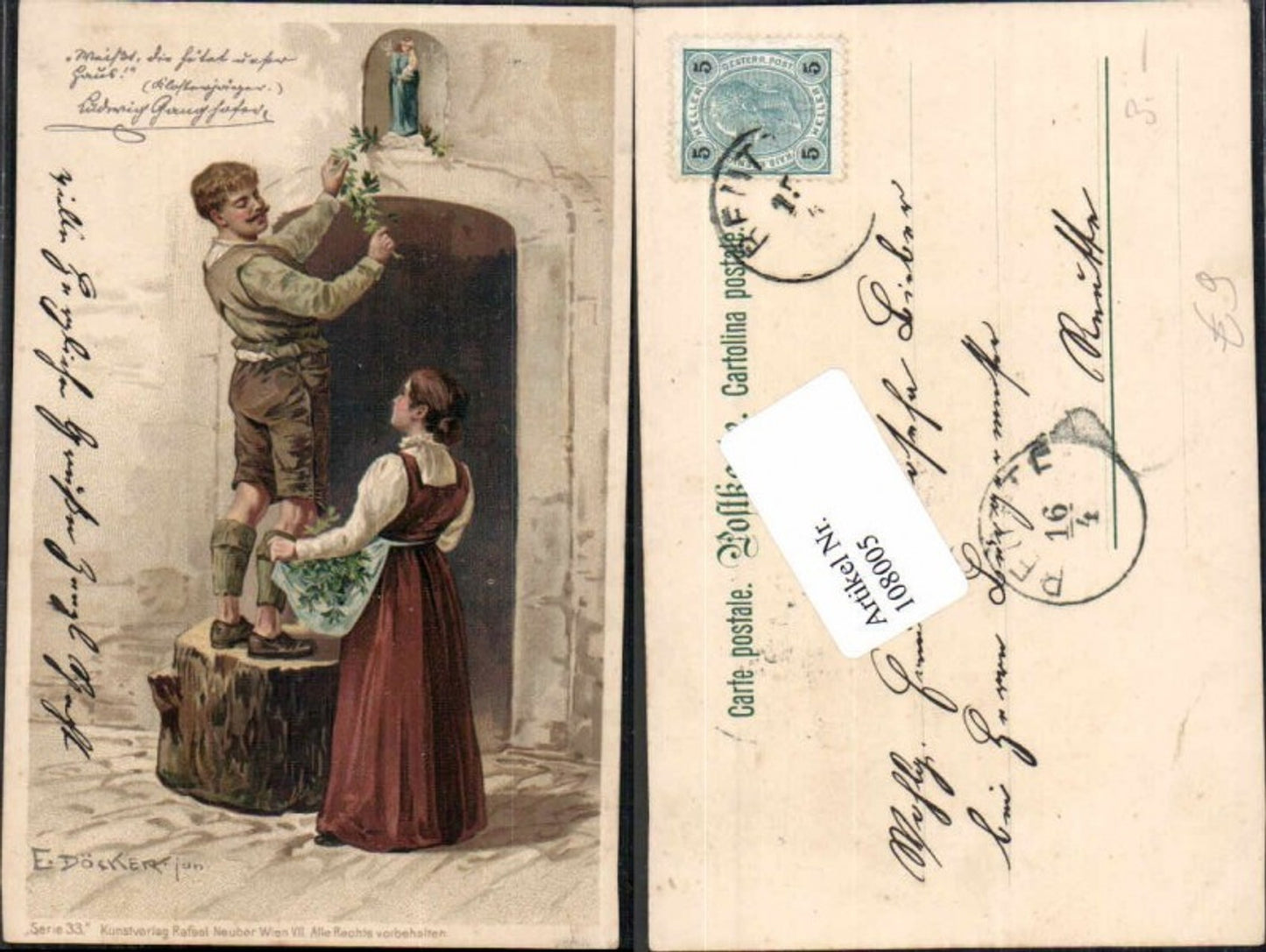 108005, E. Döcker Lithograph Man Woman Man Decorating Door Pub Neuber
