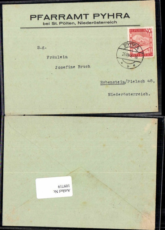 109719, Document from the parish office of Pyhra near St. Pölten, 1947, to Rabenstein near Pielach