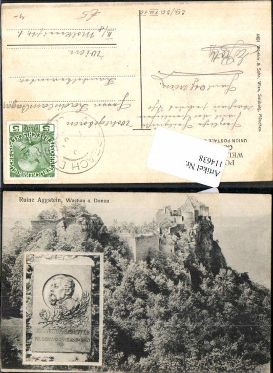 114638, Aggstein ruins in the Wachau region, Josef Vic. Scheffel Monument