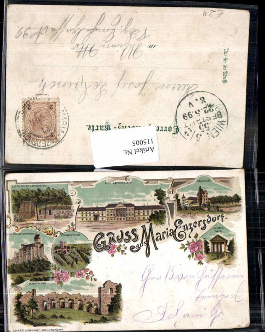 115005, Great lithograph, greetings from Maria Enzersdorf near Mödling, Liechtenstein, Carnuntum Castle restoration