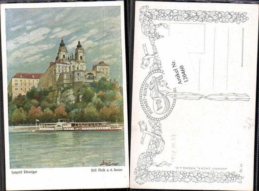 120460, Leopold Schweiger, Melk Abbey on the Danube with Danube steamer