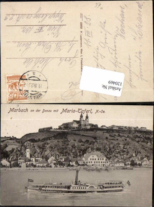 120469, Marbach on the Danube with Maria Taferl and Danube steamer 1920
