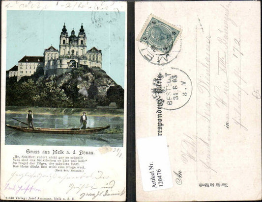 120476, Lithograph Greetings from Melk on the Danube with boat 1900