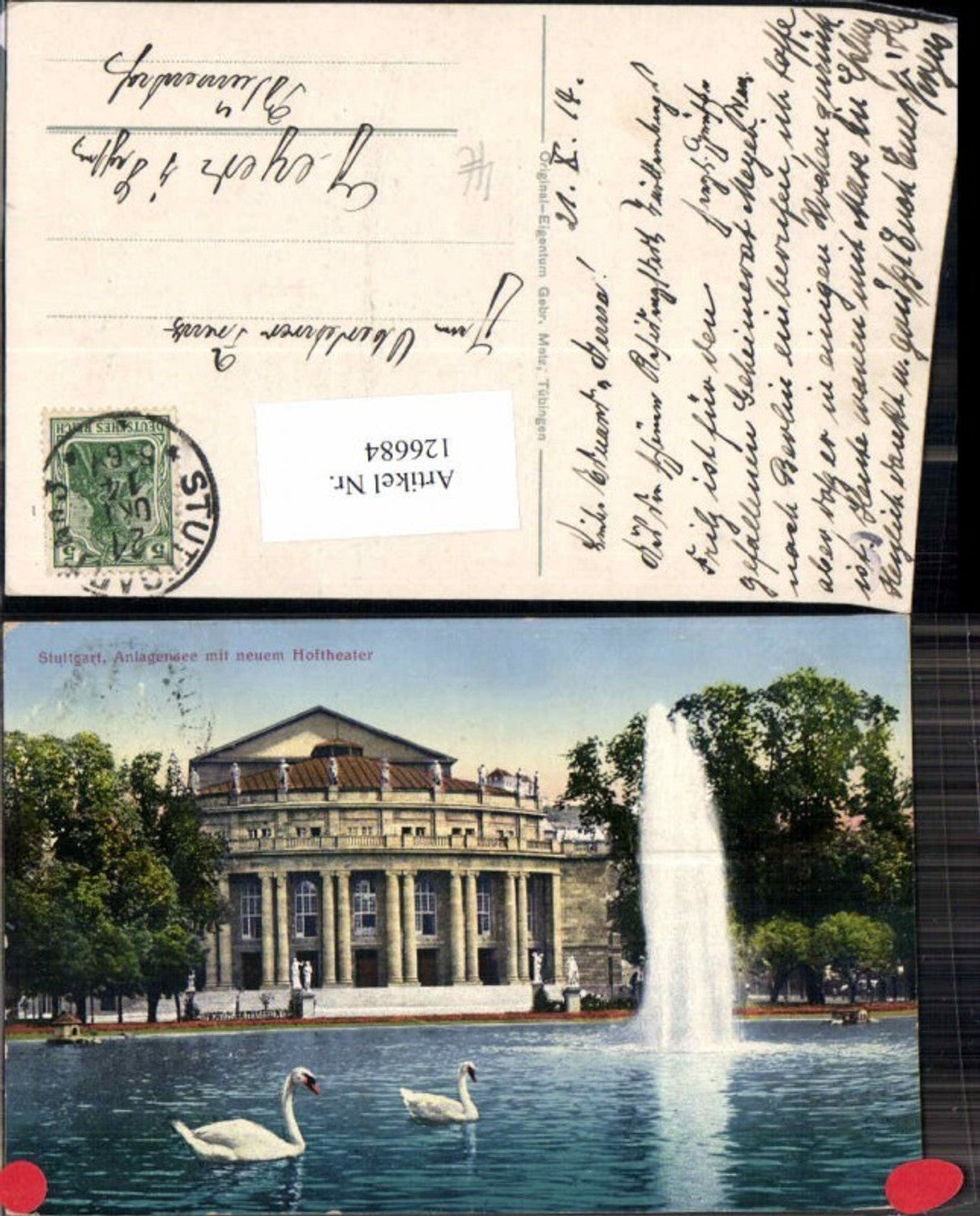 126684, Stuttgart City Anlagensee with swans Swan Court Theatre 1915