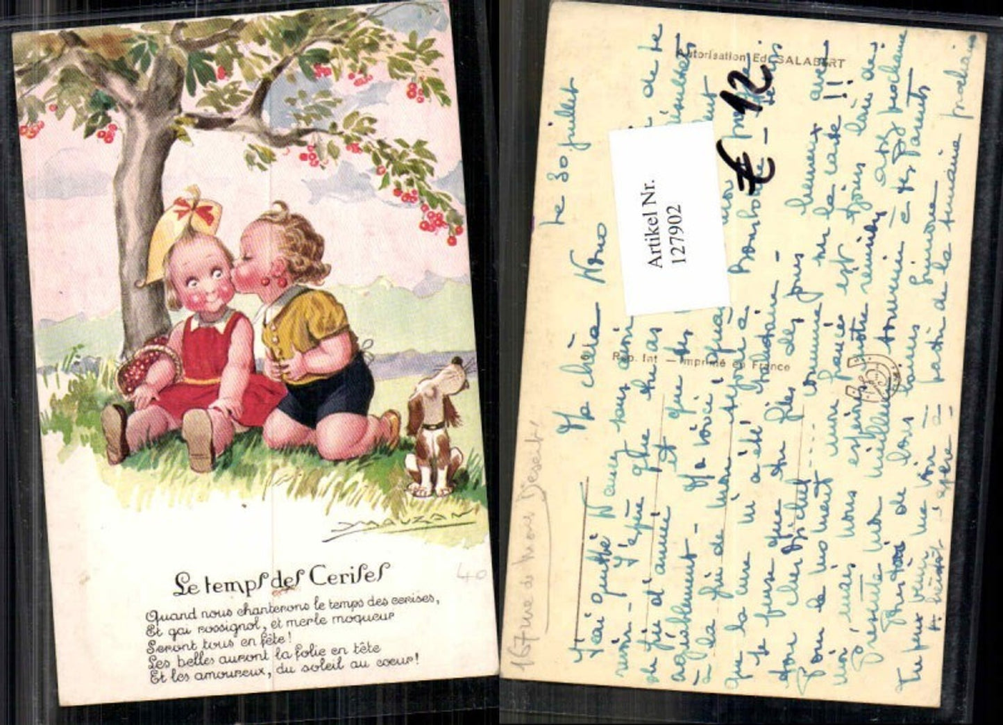 127902, Achille Mauzan signed. Sweet children dog kiss