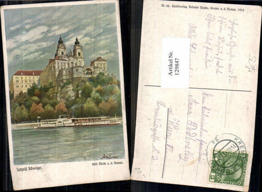 129847,Lithograph by Leopold Schweiger, Melk on the Danube with steamer, 1913