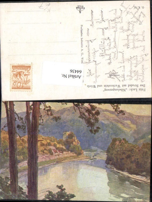 64436, Artist's postcard Fritz Lach Nibelungenweg Struden with Werfenstein and Wörth near Grein on the Danube