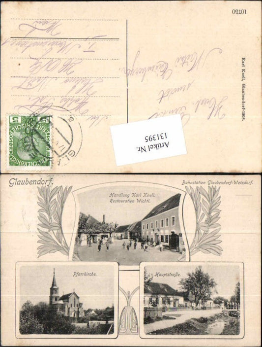 131395, Rare AK Heldenberg Glaubendorf Wetzdorf Knell Shop Restaurant Main Street Church decorated