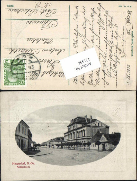 131398, Great rare postcard of Haugsdorf, view of the administrative building, embossed postcard 1910
