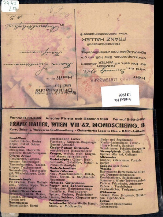131966, Advertisement Receipt Advertising Vienna 7 New Building Mondscheingasse 8 Franz Hauer Knitwear Shop