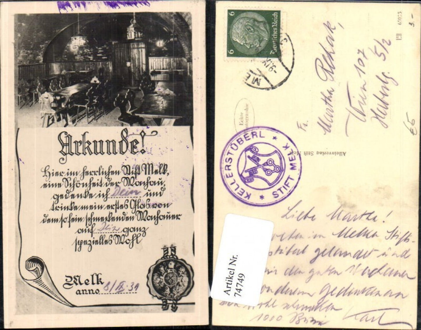 74749, Document from the cellar room in Melk Abbey in the year 1939