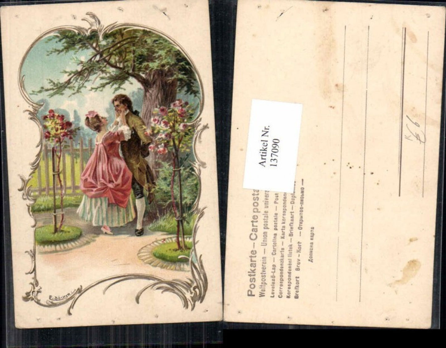 137090, E. Döcker Jr. Lithograph of a loving couple, tree, and flowers, 1900