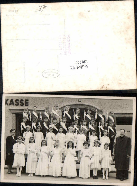 138777, Photo AK First Communion Mattighofen in front of Sparkasse Bank