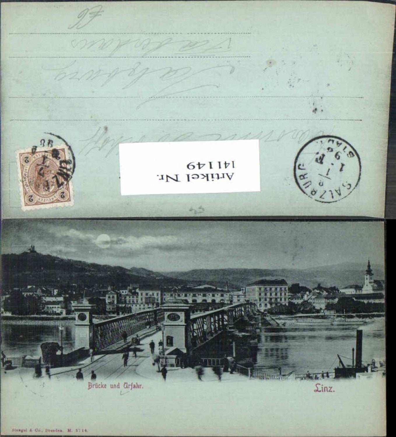 141149, Linz on the Danube Moon Lithograph Bridge with Urfahr 1900