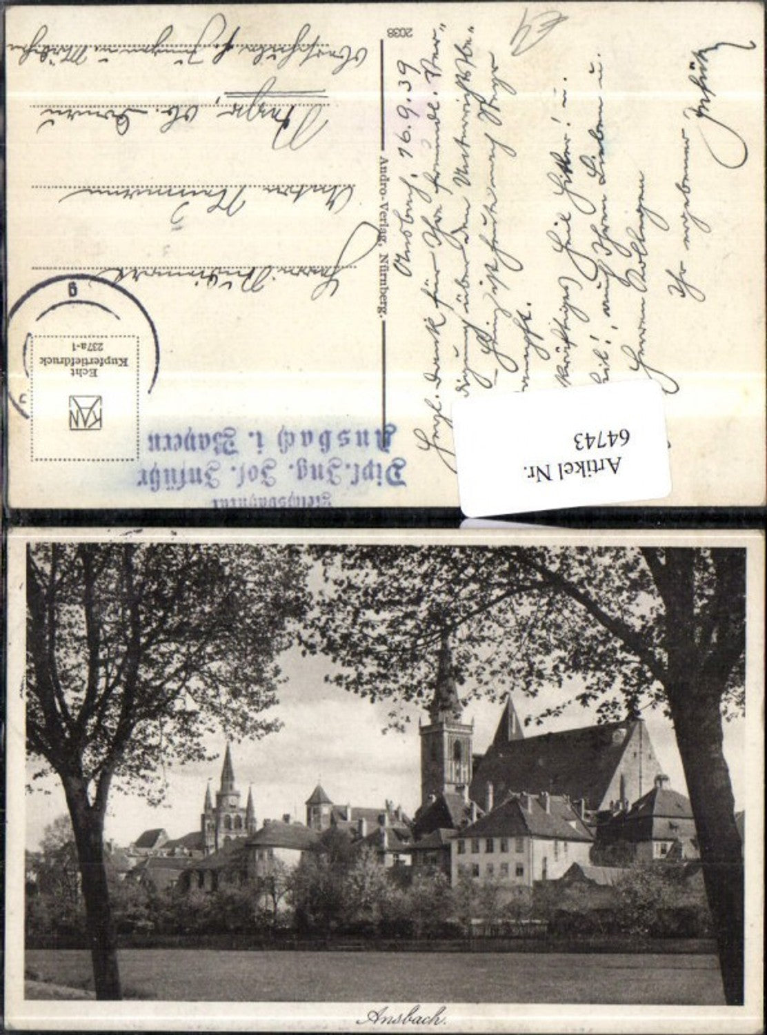 64743,Ansbach Totale mit Bäumen 1939