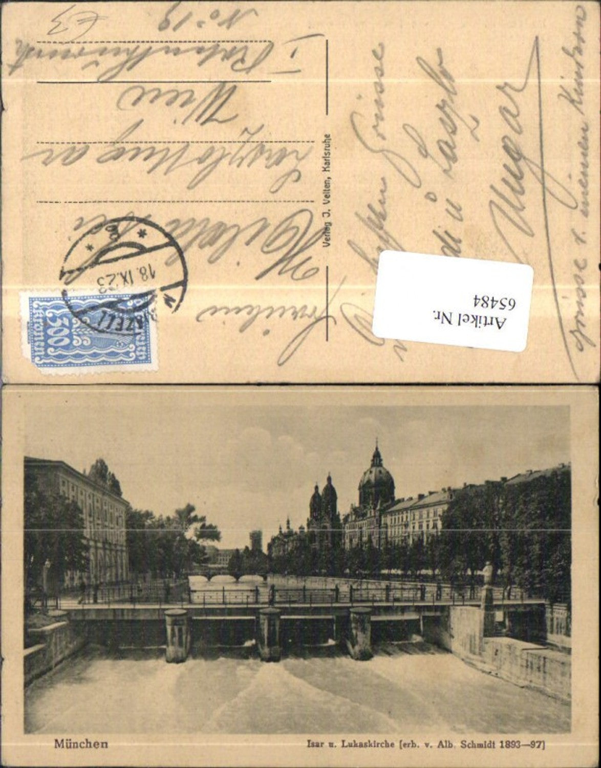 65484,München Isar u Lukaskirche Detailansicht Wehr 1923