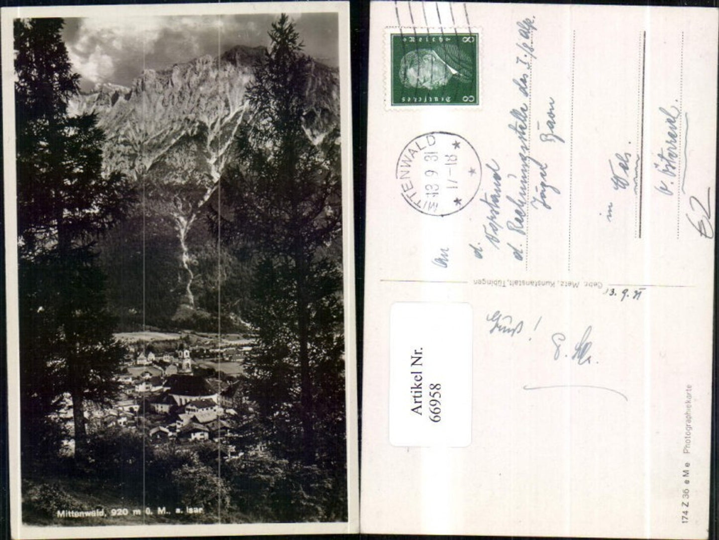66958,Mittenwald Ansicht mit Bäumen 1931