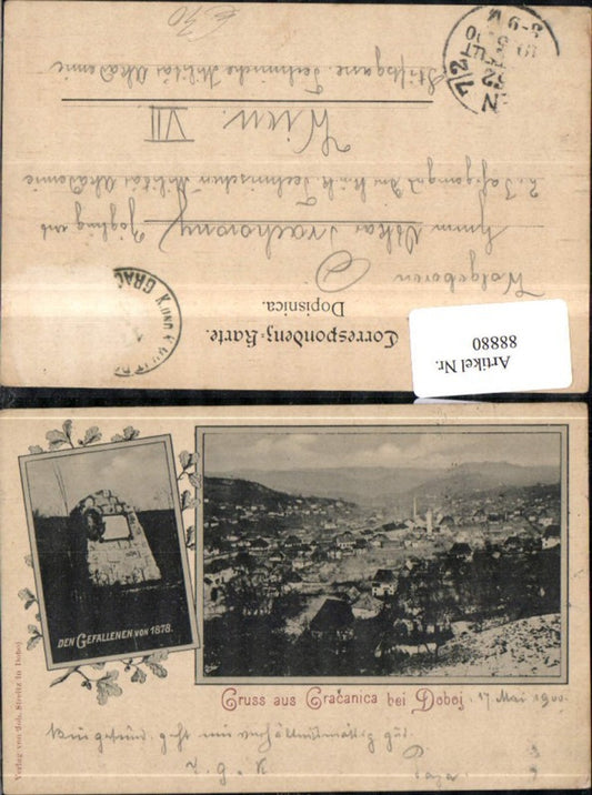 88880, Greetings from Gracanica near Doboj, multi-image postcard, memorial to the fallen, 1900