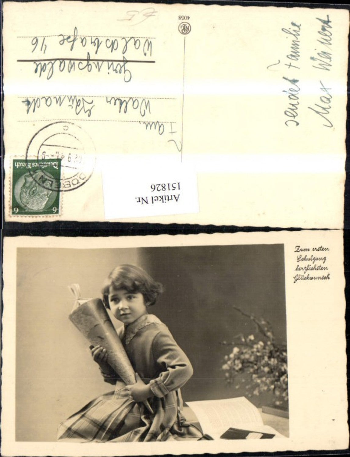 151826, First day of school - photo of a girl with a school cone, notebook, and flowering branch