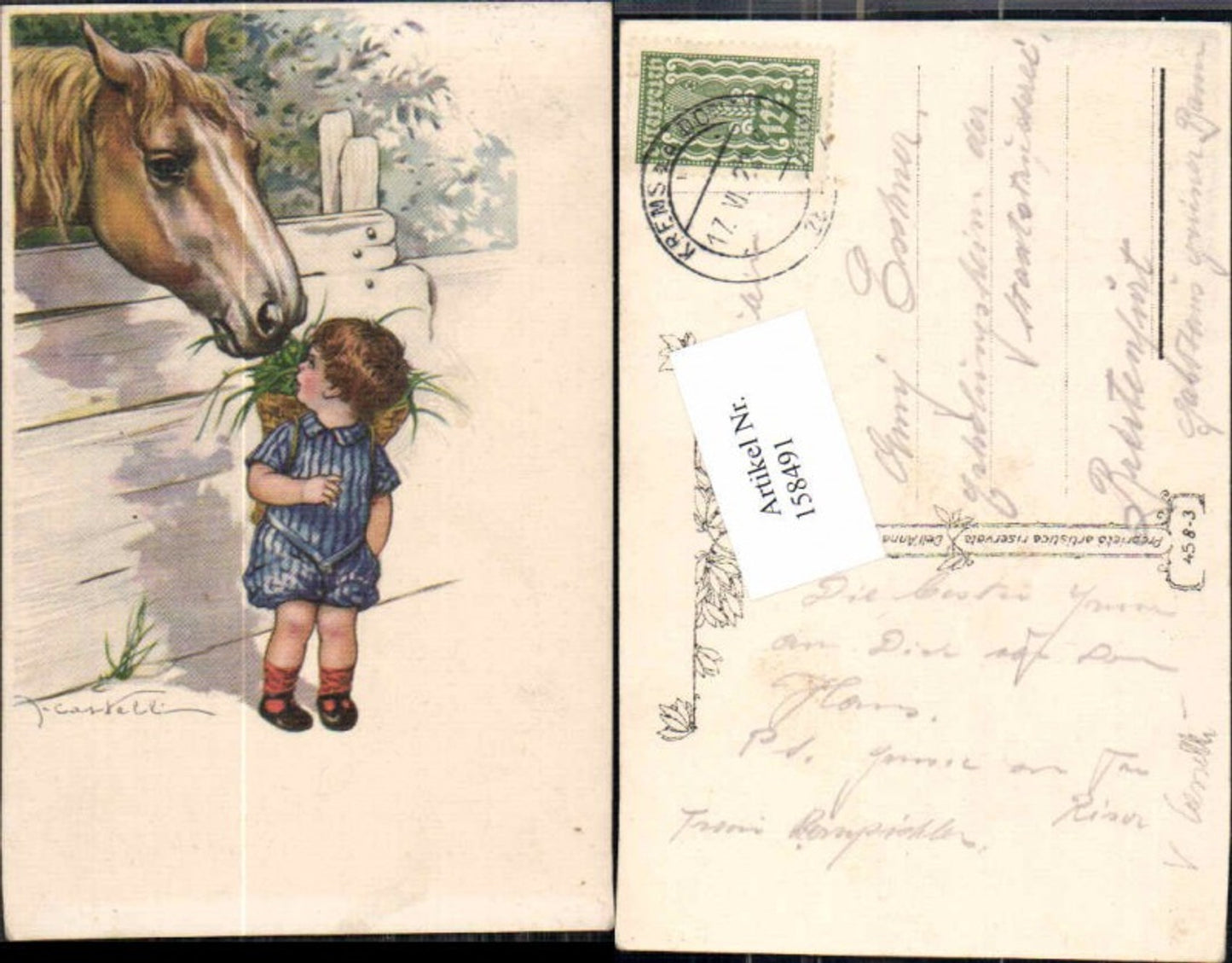 158491,Kind m. Futterkorb Pferd V. Castelli oder Casselli