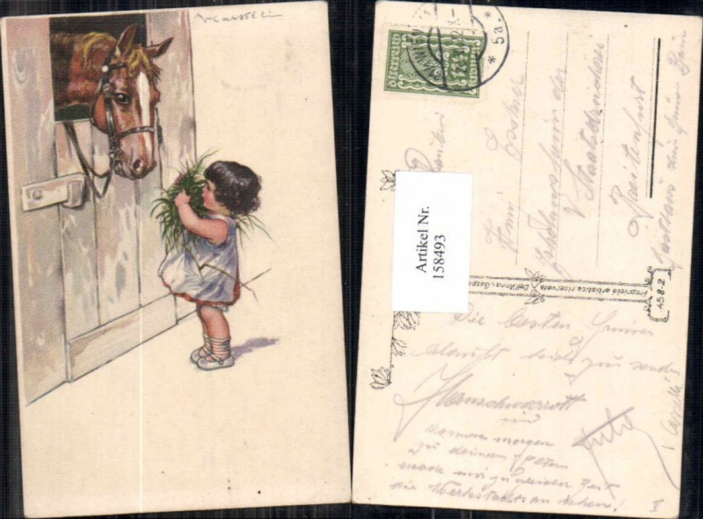 158493,Süsses Mädchen mit Pferd bringt Futter V. Castelli oder Casselli
