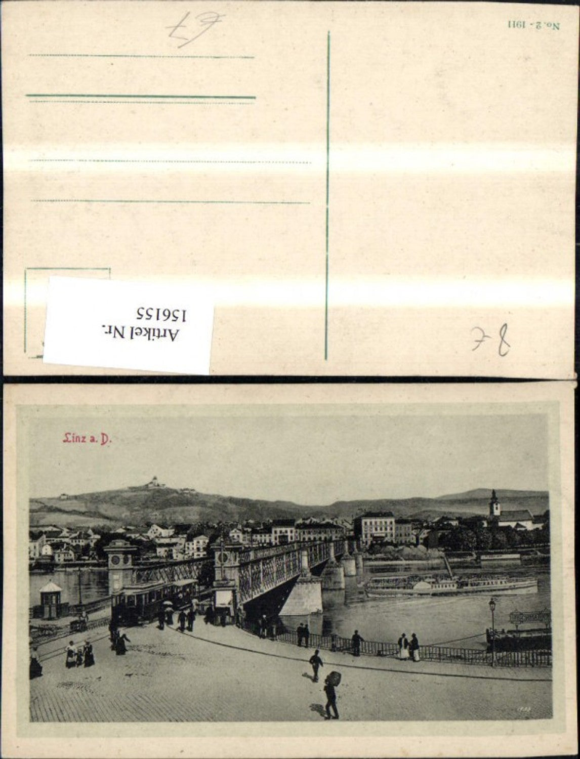 156155, Linz View of bridge with people, ship, steamer, tram