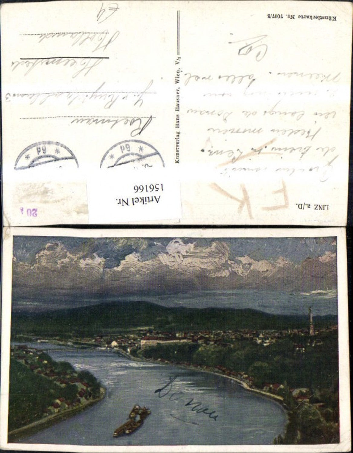 156166, Linz View of the Danube with ship/steamer Artist AK