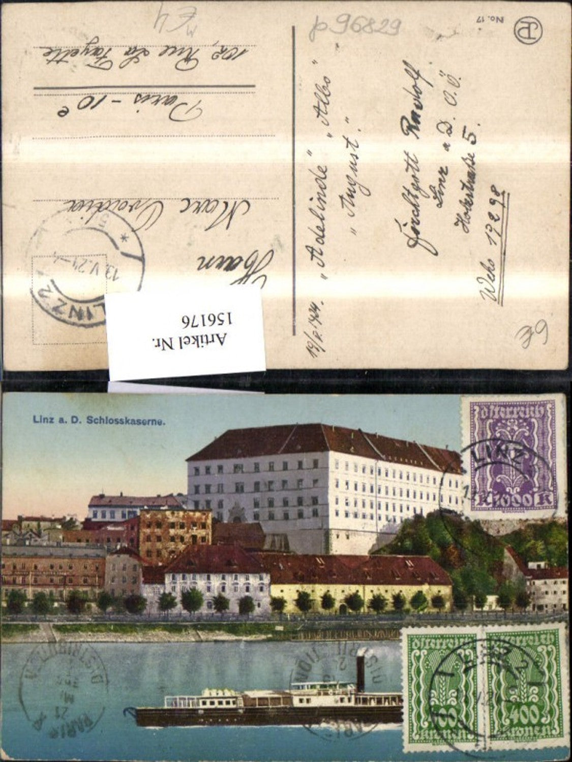156176, Linz Castle Barracks View of Ship Steamer 1924