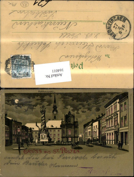 164011, Moon Lithograph Greetings from St. Pölten Town Hall Square with Moonlight People