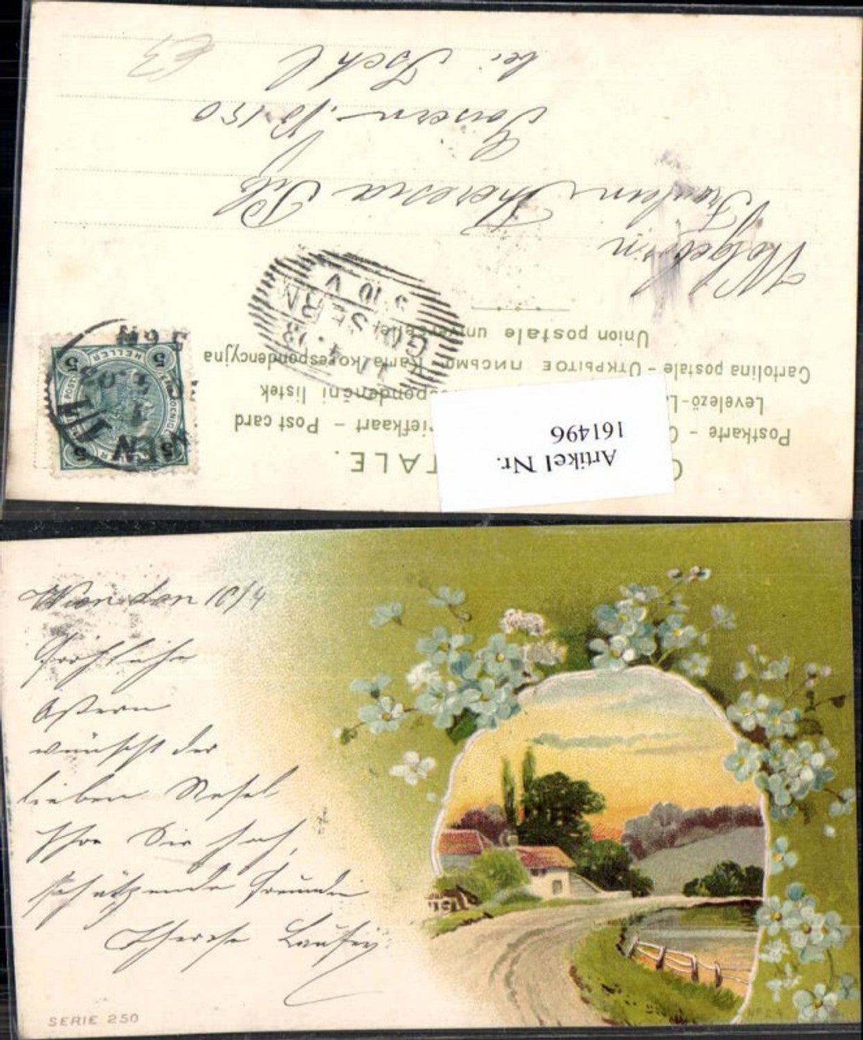161496,Litho Blumen Weg Haus 1904 Wien Stempel