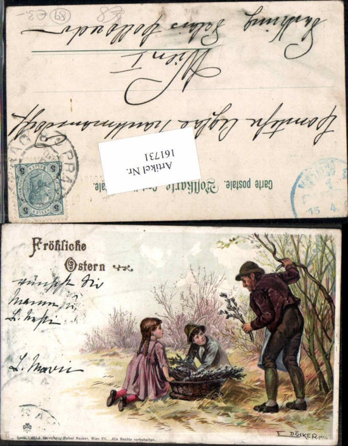 161731, Lithograph by E. Döcker Jr. Children in the forest, palm branches, Easter