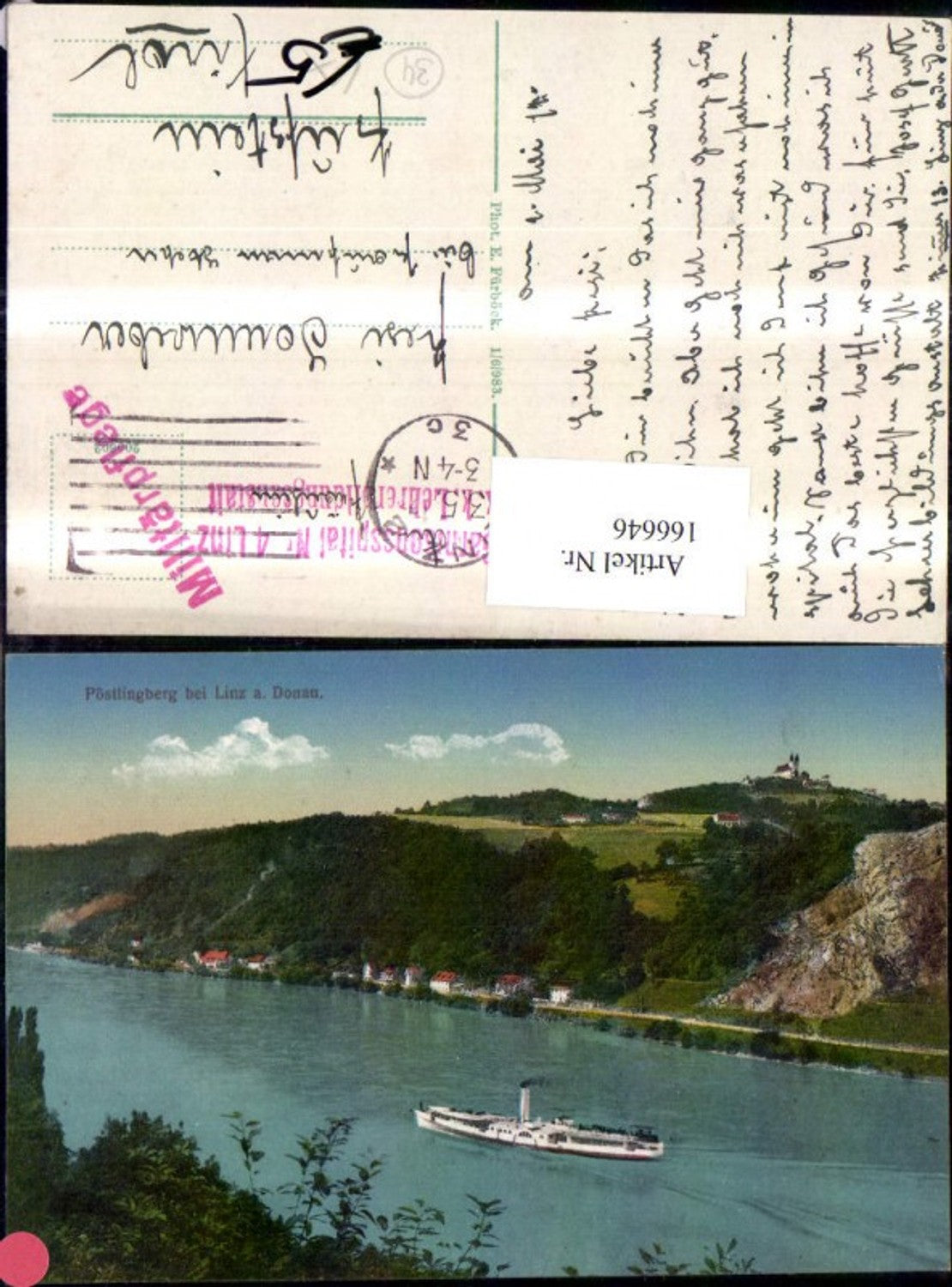 166646, Linz view of the Danube with Pöstlingberg, ship/steamer