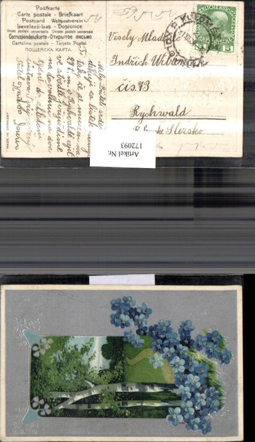 172093,Künstler Ak Präge blaue Blumen Bäume Weg