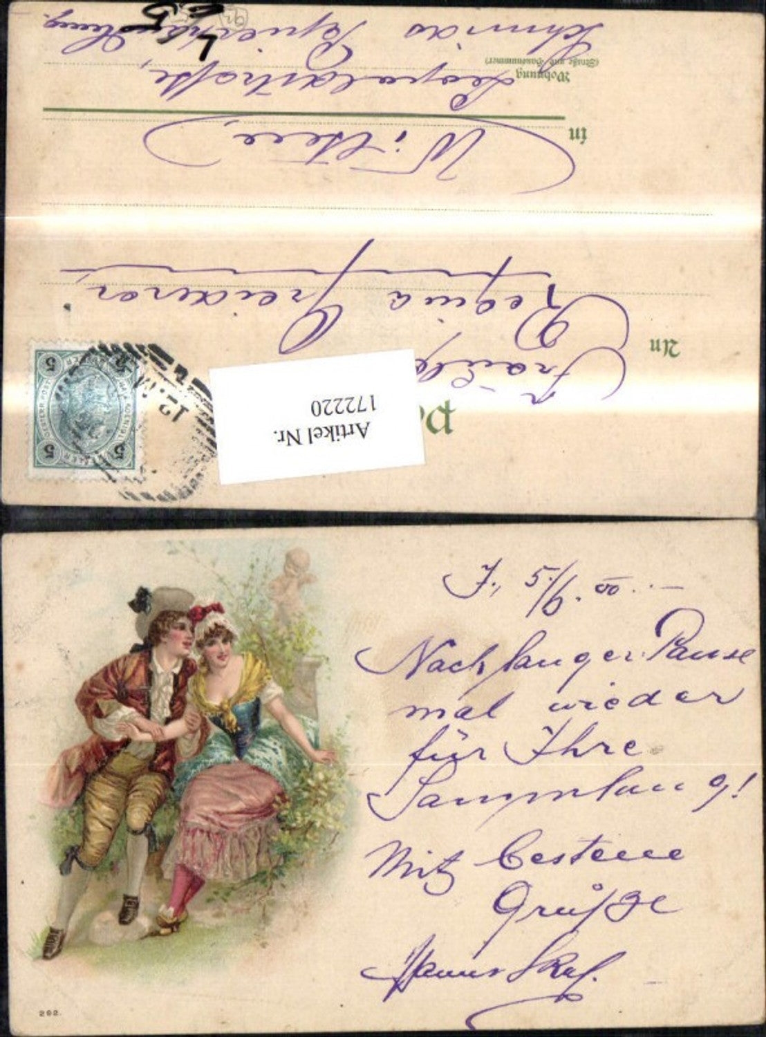 172220,Lithograph of a woman and man sitting by a bush