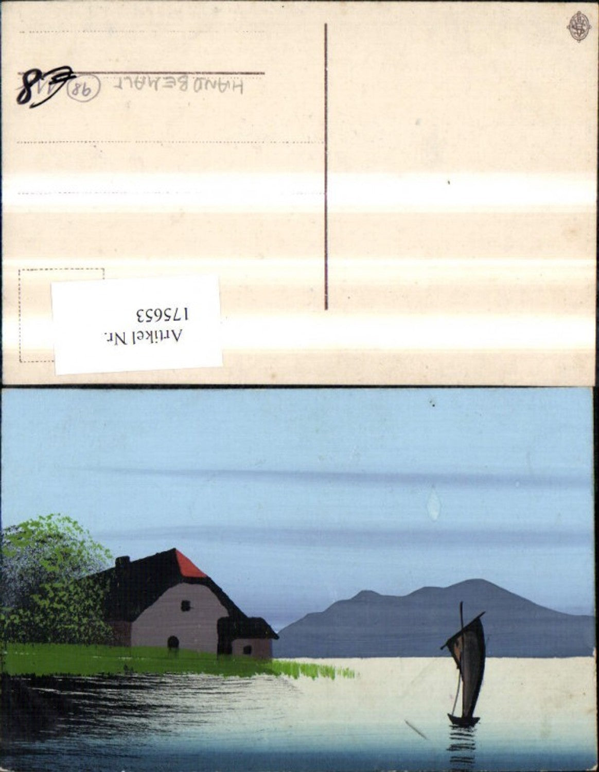 175653, Artist's postcard, hand-painted house on a lake with sailboat