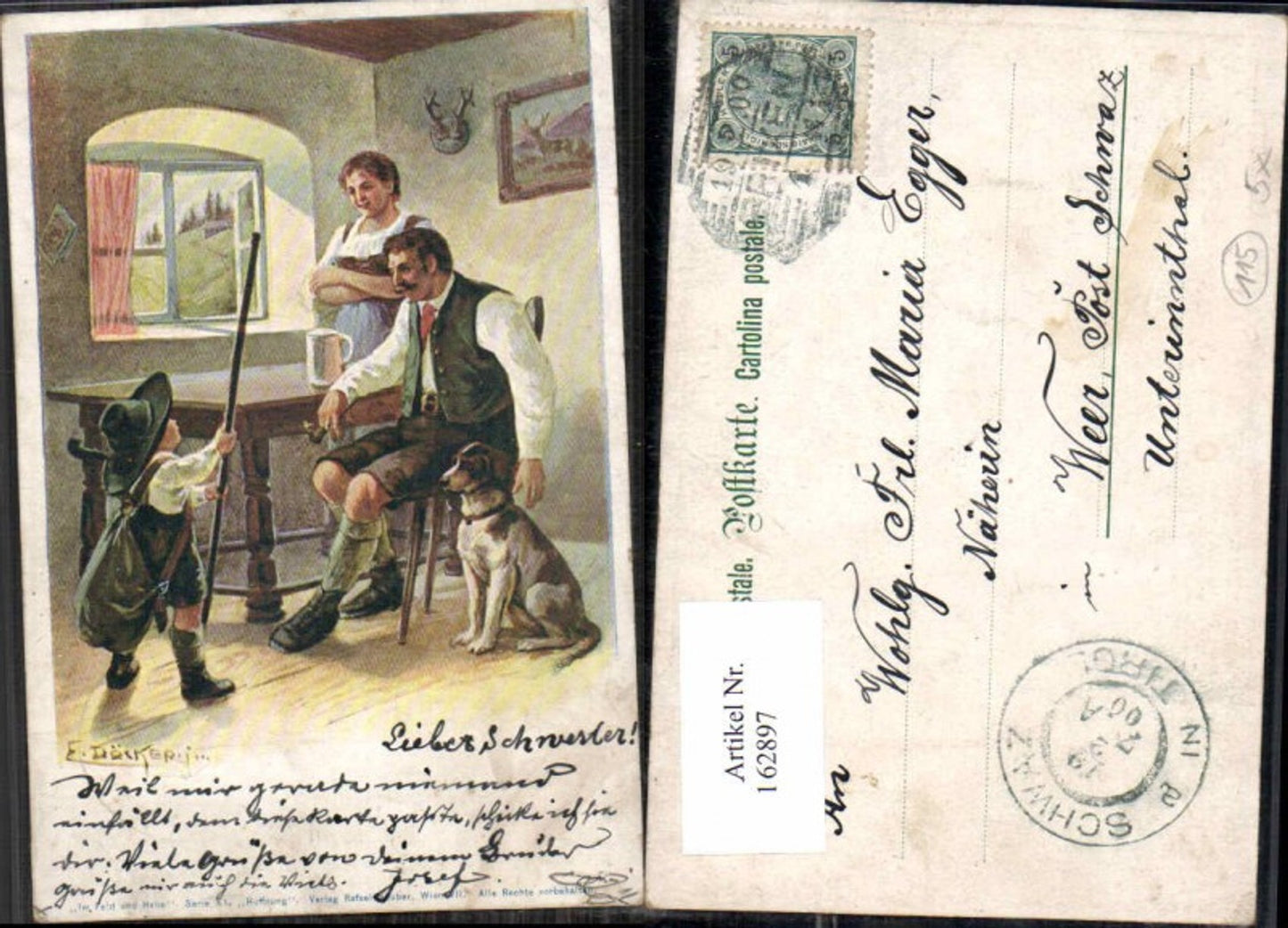 162897, Artist AK E. Döcker jun. Ser 11 In the Field and at Home Dog Lithograph