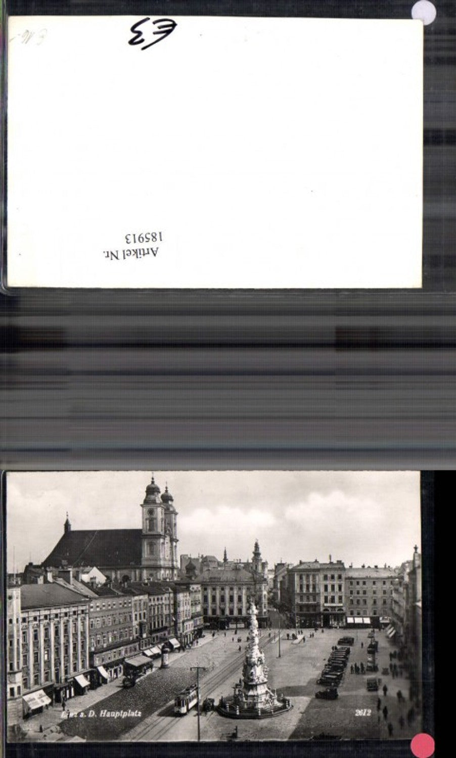 185913, Linz Main Square with tram, automobiles, and passengers